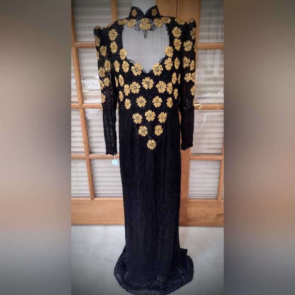 Brand New Hand Beaded Gown, Black and Gold, by Fleur de Paris, New Orleans - Picture 1 of 16